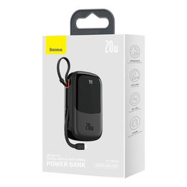 Baseus Qpow Digital Display greito įkrovimo 20000 mAh 20W QC/PD/SCP/FCP maitinimo bankas su integruotu Lightning kabeliu, juodas