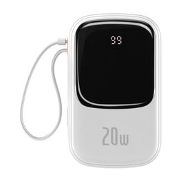 Baseus Qpow Digital Display greito įkrovimo 20000 mAh 20W QC/PD/SCP/FCP maitinimo bankas su integruotu Lightning kabeliu, baltos spalvos