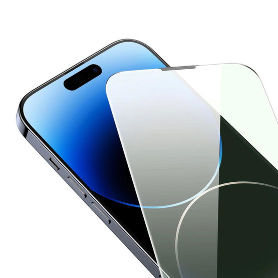 Baseus grūdintas stiklas iPhone 14 Pro Max visam ekranui su Anti Blue Light filtru ir 0,3 mm garsiakalbio dangteliu + tvirtinimo rėmelis