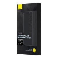 Baseus rinkinys 2x grūdintas stiklas iPhone 14 Pro Max visam ekranui su 0,3 mm garsiakalbio dangteliu + tvirtinimo rėmelis