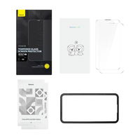 Baseus rinkinys 2x grūdintas stiklas iPhone 14 Pro Max visam ekranui su 0,3 mm garsiakalbio dangteliu + tvirtinimo rėmelis