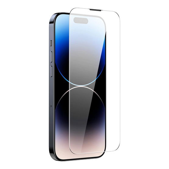 Baseus rinkinys 2x grūdintas stiklas iPhone 14 Pro Max visam ekranui su 0,3 mm garsiakalbio dangteliu + tvirtinimo rėmelis