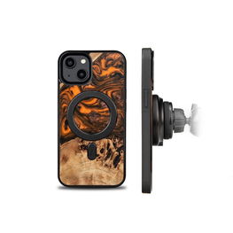Medžio ir dervos dėklas iPhone 15 MagSafe Bewood Unique Orange - oranžinis ir juodas