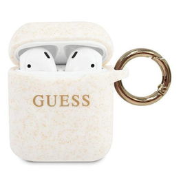 AirPods dėklas baltas silikoninis su blizgučiais ir žiedu Guess
