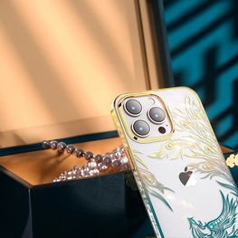 Prabangus iPhone 14 Pro dėklas su Kingxbar Phoenix kristalais - aukso ir mėlynos spalvos