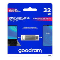 32 GB USB 3.2 Gen 1 USB / USB C OTG ODA3 Goodram atmintinė - sidabrinė