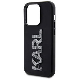 iPhone 15 Pro Max Karl Lagerfeld 3D guminis blizgus dėklas su logotipu - juodas