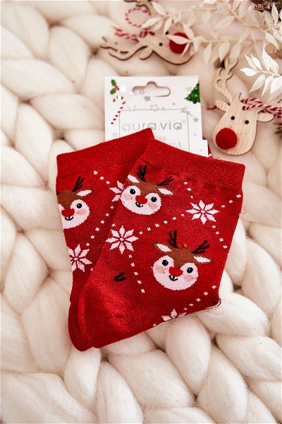 Moteriškos kalėdinės kojinės Blizgančios elnių kojinės raudonos spalvos