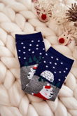 Moteriškos kojinės Kalėdiniai raštai su meškiuku ir Iglu Pilka-Navy