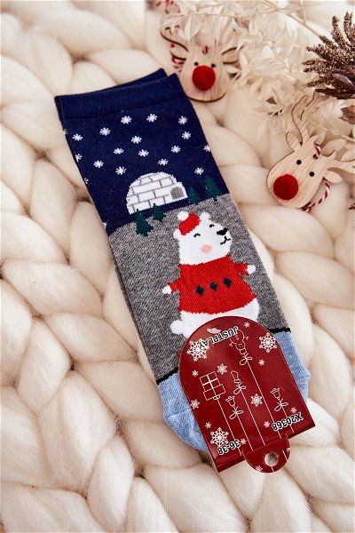 Moteriškos kojinės Kalėdiniai raštai su meškiuku ir Iglu Pilka-Navy