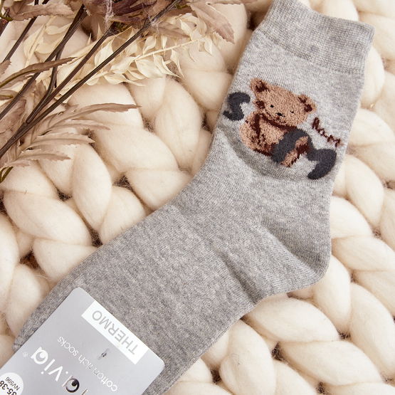 Šiltos medvilninės kojinės su meškiuku Grey (BSB29376)
