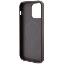 Guess 4G Collection odinis metalinis MagSafe dėklas iPhone 14 Pro - rudas