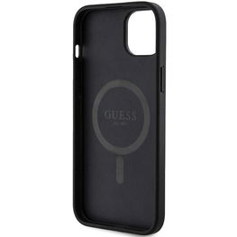 Guess 4G kolekcijos odinis metalinis magnetofonas su logotipu iPhone 15 / 14 / 13 - juodos spalvos