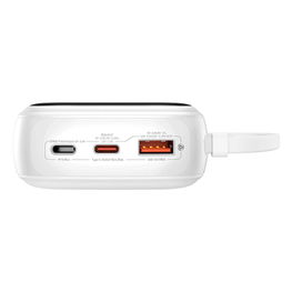 Baseus Qpow Pro+ 20000 mAh 22,5 W maitinimo bankas su integruotu USB-C kabeliu ir ekranu - baltas