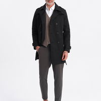 Elegantiškas SLIM FIT vyriškas paltas su diržu juodas