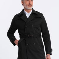 Elegantiškas SLIM FIT vyriškas paltas su diržu juodas