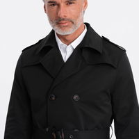 Elegantiškas SLIM FIT vyriškas paltas su diržu juodas