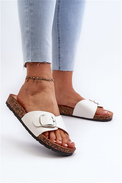 Moteriški kamštiniai platforminiai sandalai su sagtimi White Moaxi