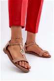 Plokščiapadžiai moteriški sandalai su aukso spalvos ornamentu Smėlio spalvos“