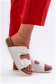 Moteriški kamštiniai platforminiai sandalai su sagtimis balti pleištai