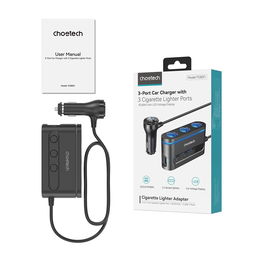 automobilio įkroviklis 2x USB A QC 3x cigarečių degiklio lizdas - juodas