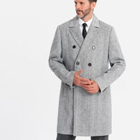 Elegantiškas vyriškas dvigubo sukirpimo žuvies kaulo rašto paltas - pilkas V1 OM 0118