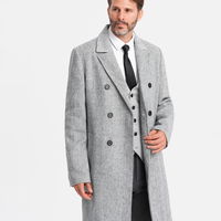Elegantiškas vyriškas dvigubo sukirpimo žuvies kaulo rašto paltas - pilkas V1 OM 0118