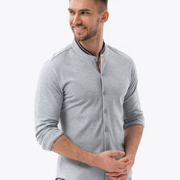 Vyriški medvilniniai SLIM FIT marškinėliai su apykakle ir rankovėmis - pilki V5 OM 0178