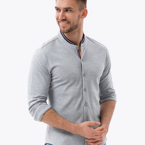 Vyriški medvilniniai SLIM FIT marškinėliai su apykakle ir rankovėmis - pilki V5 OM 0178
