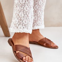 Odinės moteriškos šlepetės Shoes camel spalvos (BSB35317)