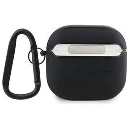 Mercedes AirPods 4 dėklas, juodos odos, su metaliniu logotipu