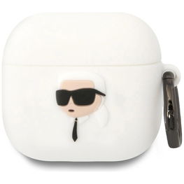 Dėklas AirPods 4 ausinėms baltas silikoninis su 3D dizainu Karl Lagerfeld
