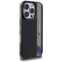 BMW Motorsport juodas iPhone 16 Pro Max dėklas su vertikaliomis juostomis