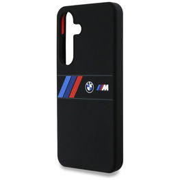 BMW silikoninis dėklas su trispalvėmis juostelėmis, MagSafe, Samsung Galaxy S25, juodas