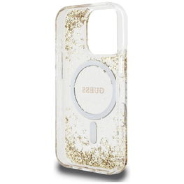 Dėklas skaidrus auksinės spalvos su blizgučiais, skirtas iPhone 16 Pro“, su MagSafe funkcija. **Telefono dėklas skaidrus su auksiniais blizgučiais ir MagSafe iPhone 16 Pro Guess**