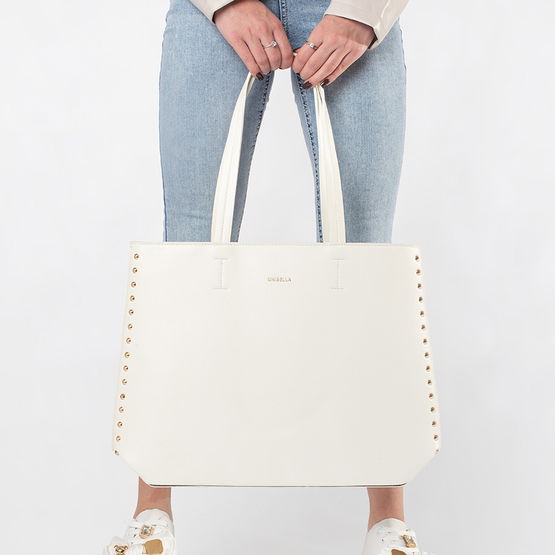 Didelis baltas rankinukas shopper su kniedėmis (POL85990)