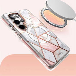 Supcase Cosmo Mag“ dėklas, skirtas Samsung Galaxy S25 Ultra“ – marmuro rožinės spalvos.