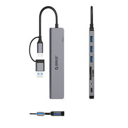 USB šakotuvas ir dokas Orico, 3x USB-A, 1x USB-C, SD/TF, pilkas