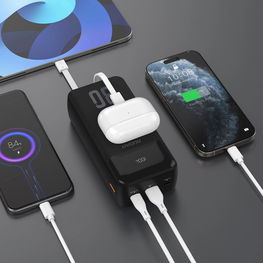 Juodas 30000 mAh išorinis akumuliatorius su laidais