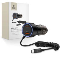 Juodas dviejų lizdų automobilinis įkroviklis su USB-C laidu