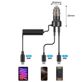 Juodas dviejų lizdų automobilinis įkroviklis su USB-C laidu