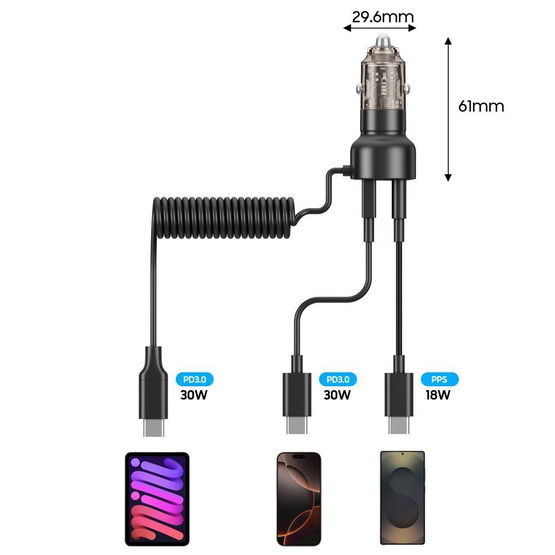 Juodas dviejų lizdų automobilinis įkroviklis su USB-C laidu