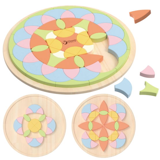 Montessori medinė mandala mozaika vaikams, pastelinių spalvų
