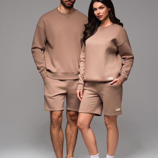 Unisex rudas džemperio ir šortų komplektas poroms laisvalaikiui