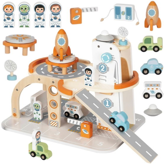Medinis kosminis žaidimų garažas vaikams su liftu Tooky Toy
