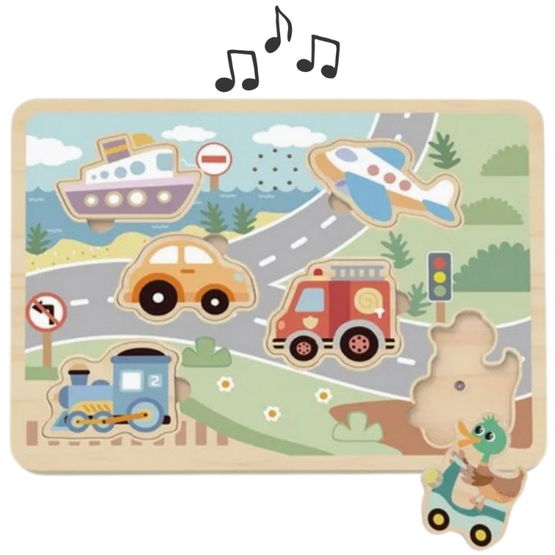 Medinės interaktyvios dėlionės vaikams su transporto priemonėmis Tooky Toy