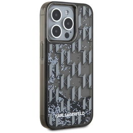 Juodas blizgus iPhone 15 Pro dėklas su monograma Karl Lagerfeld