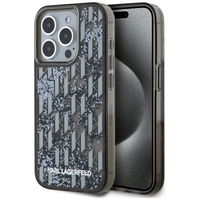 iPhone 15 Pro Max dėklas juodas su blizgučiais ir monograma Karl Lagerfeld