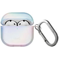 Apsauginis baltas dėklas AirPods 4 su karabinu Uniq Iridescia
