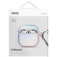 Apsauginis baltas dėklas AirPods 4 su karabinu Uniq Iridescia